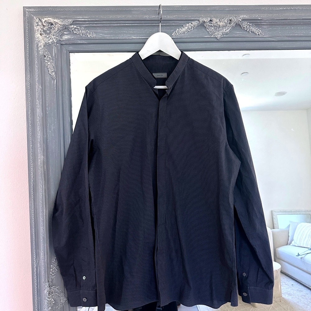 Lanvin Dark Grey Textured Mandarin Collar Button Down Shirt Made‎ in Italy Sz 41